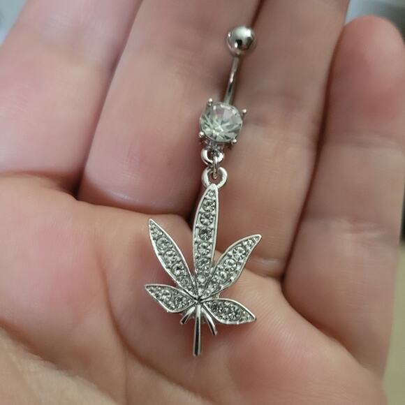Stainless steel 14g fan leaf charm silver belly button ring - Picture 1 of 2